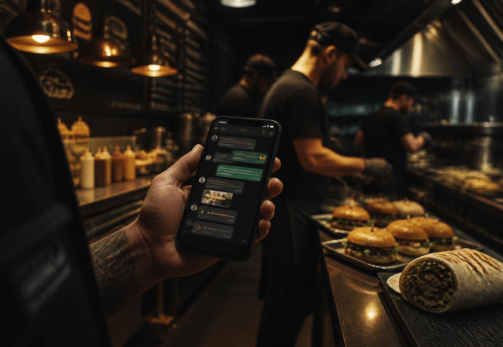 Cozinha de restaurante à noite com atendimento de pedidos pelo celular